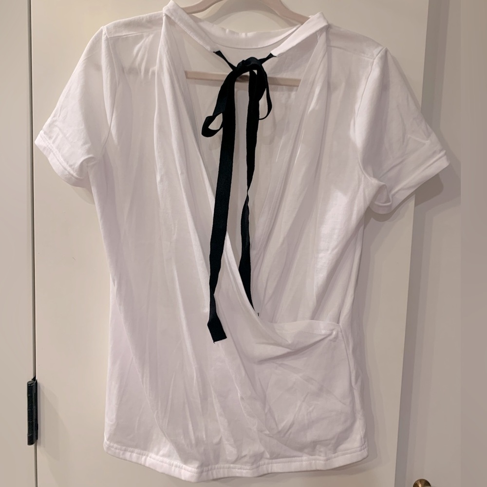 Pixie Market New Revival Open Faux Wrap Back T-shirt with Ribbon Tie Neck S/M